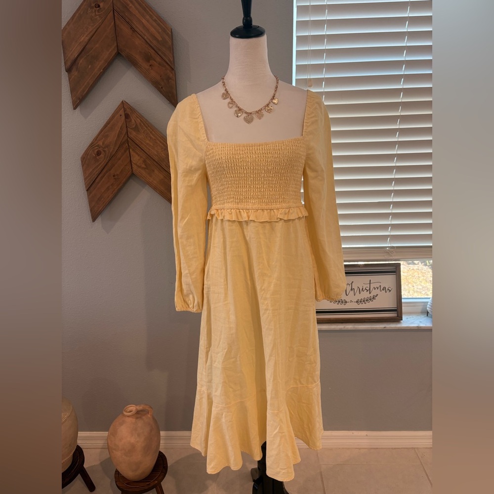7 for all Mankind | Linen blend smocked midi dress Sz M